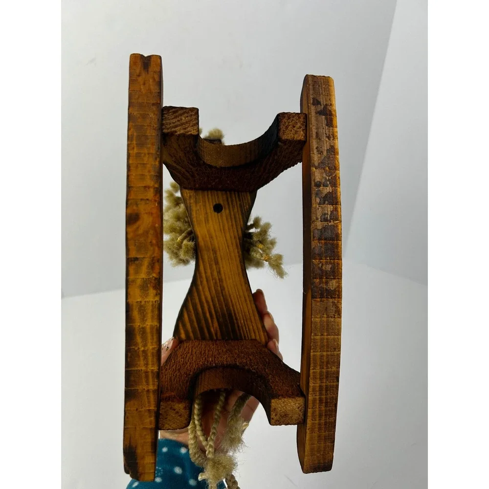 Vintage Handcrafted Wooden Rocking Horse Figurine Braided Yarn Mane Flowers